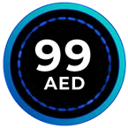 99 AED price badge in blue circular design on black background