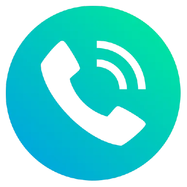 White phone call icon with signal waves on blue green circular background