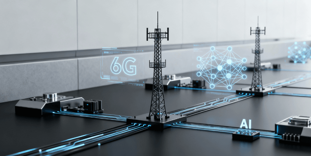 Futuristic city and globe linked by 6G networks with subtle AI data patterns in clean, neutral tech colors.