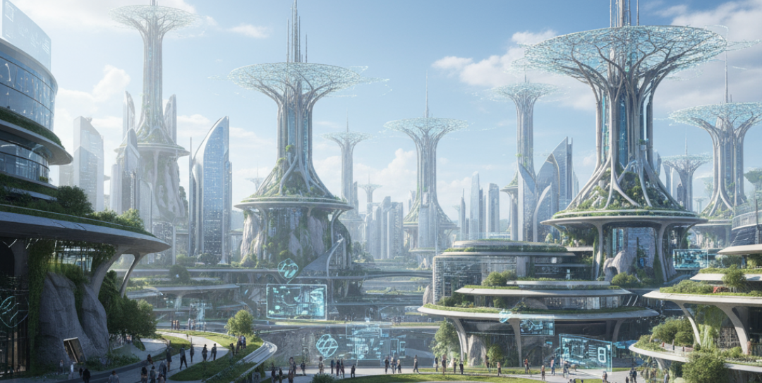 Ultra-realistic cityscape showing modern buildings and communication towers with people naturally using smart devices, illustrating advanced 6G and AI connectivity in a professional and secure environment