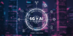 Holographic circular diagram with '6G + AI: The Future of Intelligent Networks' at its center, surrounded by icons representing cloud, mobile, chips, and connectivity, set against a blurred futuristic cityscape at night