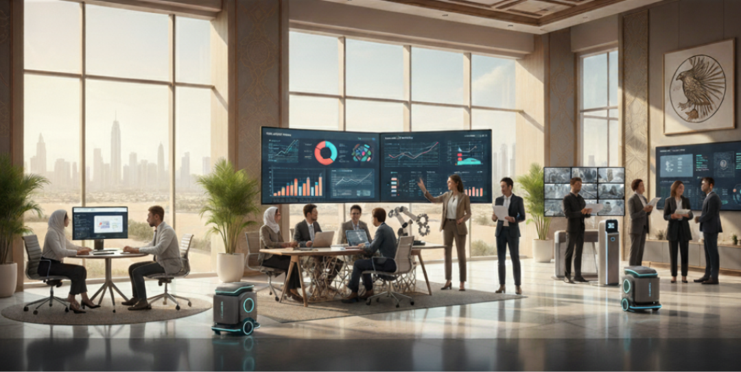 Modern UAE office with large windows overlooking a city skyline, multiple professionals collaborating at desks and in groups, digital dashboards displaying charts and analytics on the walls, and advanced robots present, illustrating the practical advantages of AI integration in a business environmen