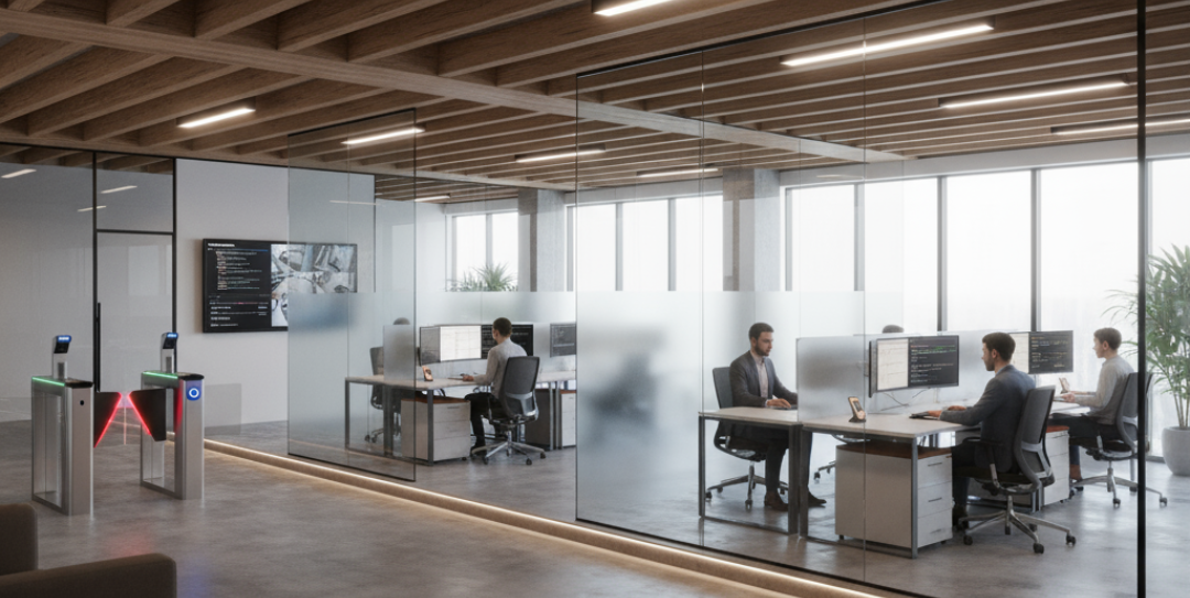 Ultra-realistic office scene showing multiple employees working at computers with visible security features such as monitored entrances, access cards, and clear segmentation of work zones, illustrating the principles of Zero Trust Architecture focused on continuous verification and secure access control in a professional environment