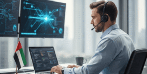Enterprise IT technician assisting a client in a modern office, symbolizing reliable IT support with a Pay After Fix policy in the UAE