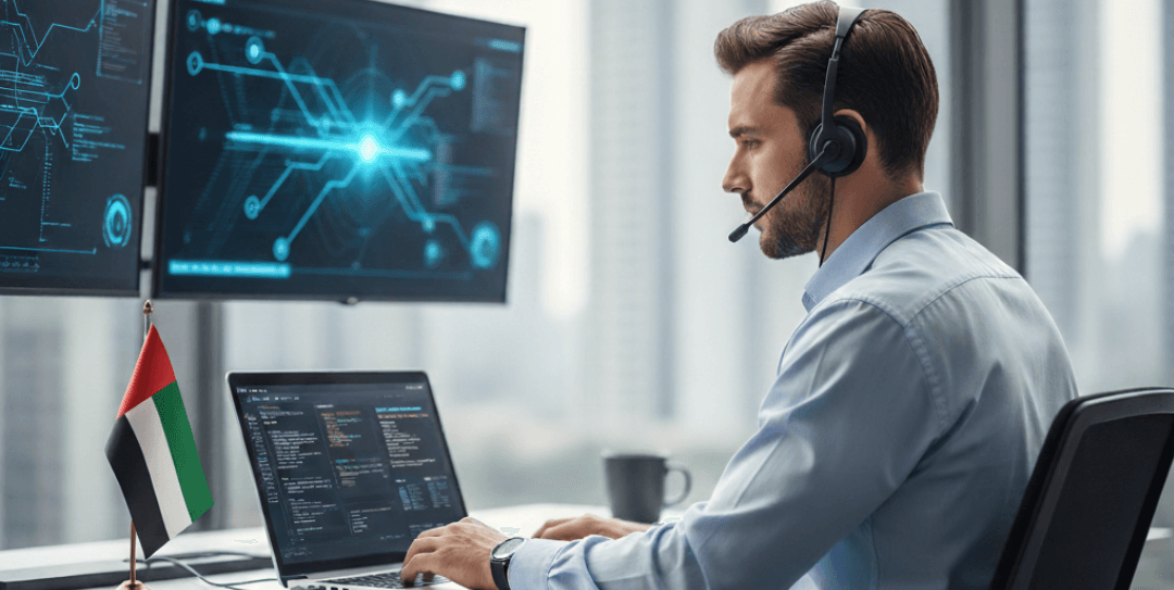 Enterprise IT technician assisting a client in a modern office, symbolizing reliable IT support with a Pay After Fix policy in the UAE