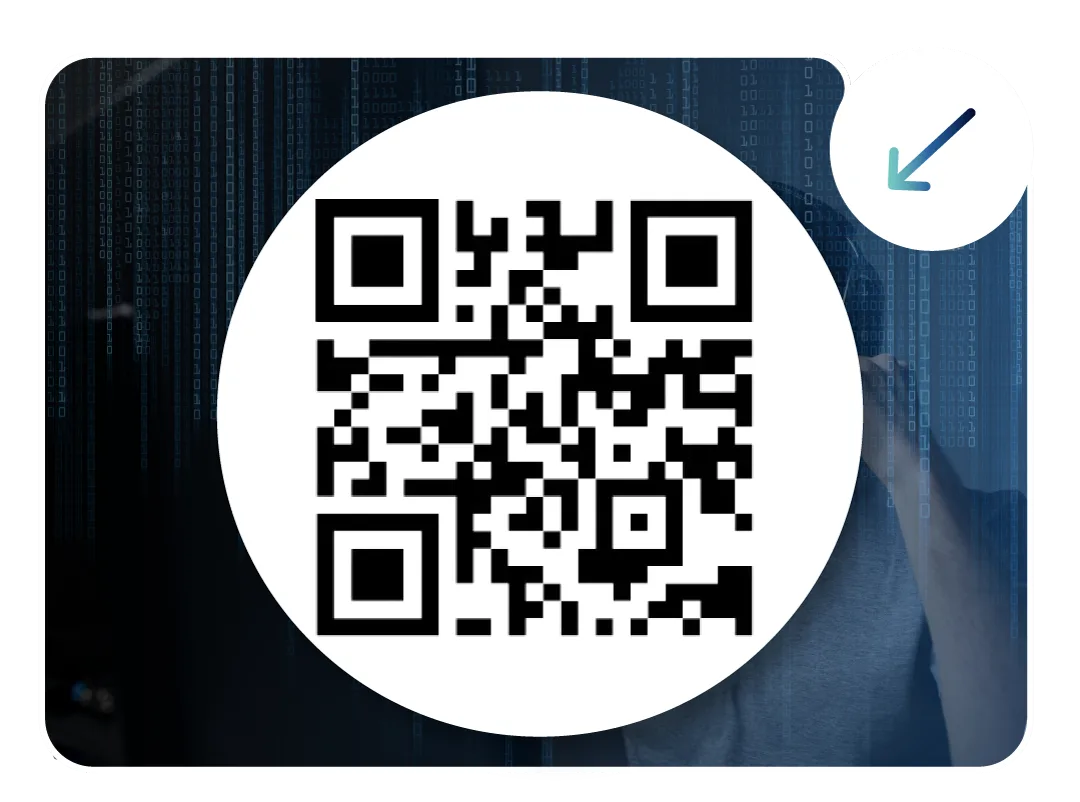 A large black and white QR code displayed over a background of binary code and a blurred figure, indicating a secure, fast digital data access or website link scan.