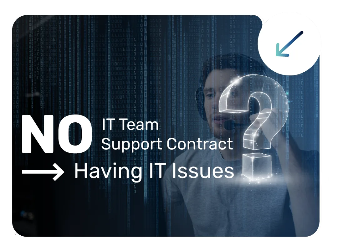 Image illustrating a lack of IT support, showing a male service agent with a headset and a glowing question mark, alongside text reading "NO IT Team Support Contract → Having IT Issues."
