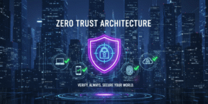 Illustration of Zero Trust Architecture featuring a secure cloud surrounded by segmented network zones, each with users, devices, and applications. Visual elements show multi-factor authentication, biometric verification, and restricted access paths, symbolizing strict security controls in a modern enterprise IT environment
