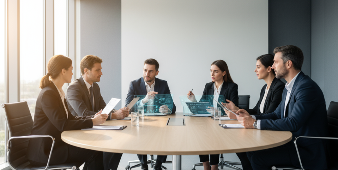 Ultra realistic modern office meeting with cybersecurity auditors reviewing digital checklists and security dashboards, gathered around a conference table