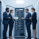 Automated backup solution protecting a UAE-based e-commerce company from data loss, showing a secure server, cloud backup, and IT professional monitoring business continuity
