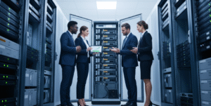 Automated backup solution protecting a UAE-based e-commerce company from data loss, showing a secure server, cloud backup, and IT professional monitoring business continuity