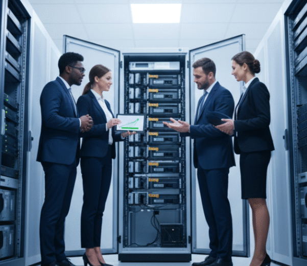 Automated backup solution protecting a UAE-based e-commerce company from data loss, showing a secure server, cloud backup, and IT professional monitoring business continuity