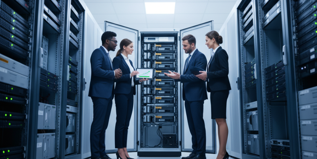 Automated backup solution protecting a UAE-based e-commerce company from data loss, showing a secure server, cloud backup, and IT professional monitoring business continuity