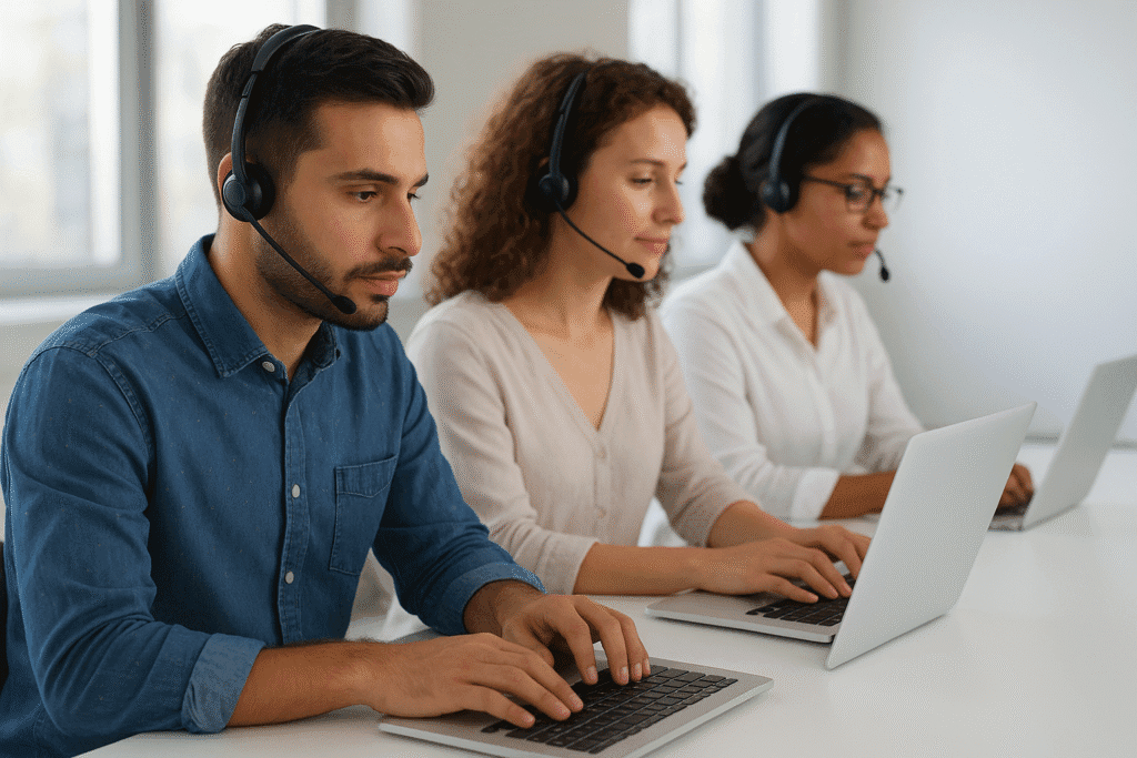IT support team working on laptops and providing technical assistance with headsets