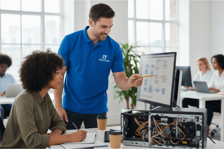 IT support engineer guiding a client while checking system flowchart and desktop hardware during annual maintenance contract service.