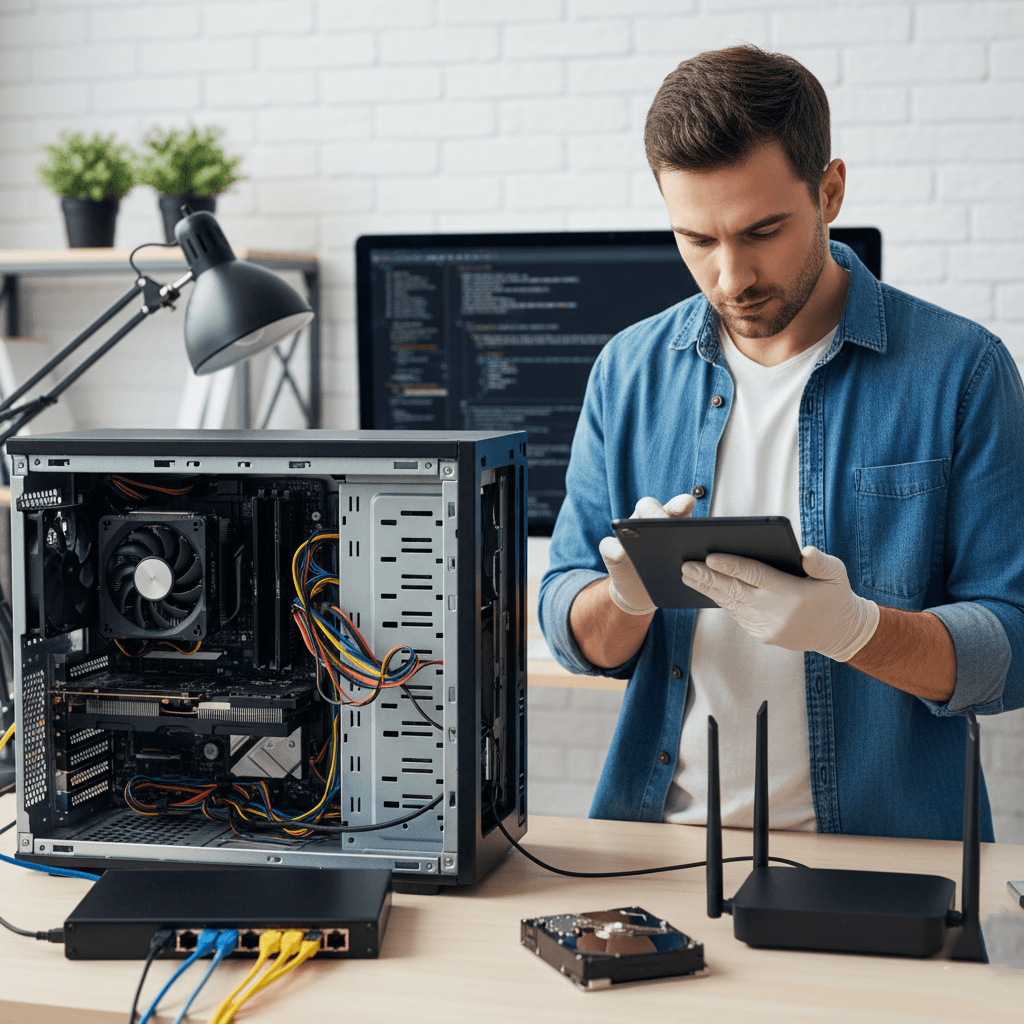 technician performing computer hardware diagnostics and network health check
