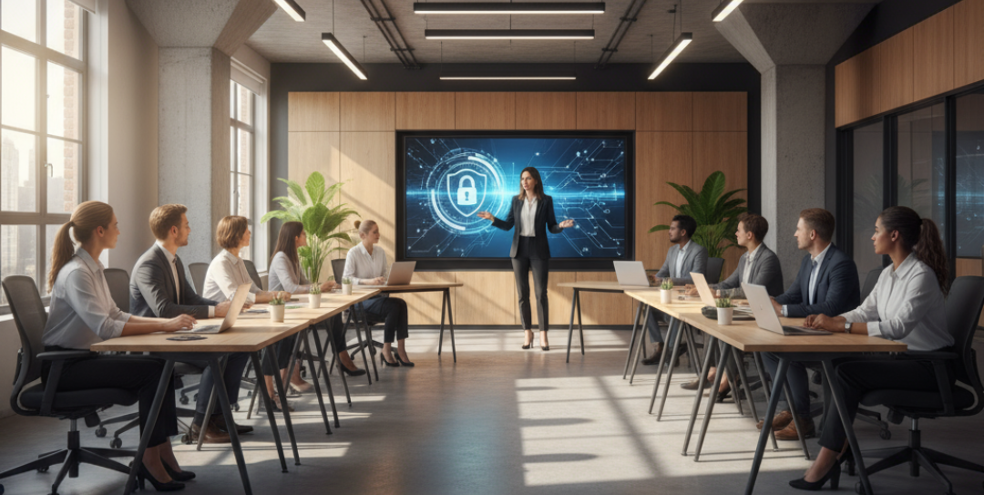 Modern office training room with diverse employees attentively learning cybersecurity, instructor presenting shield and padlock graphics on a large screen, natural daylight and professional setting