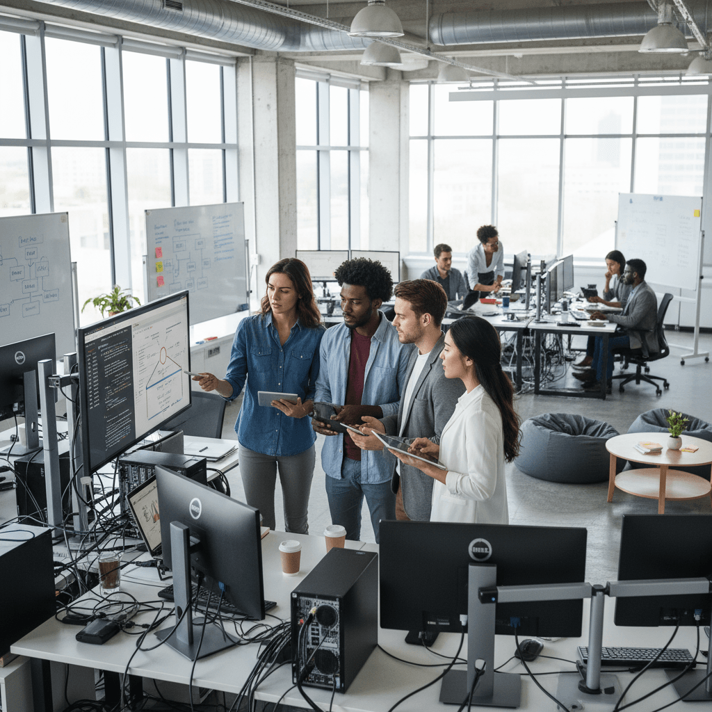 A group of IT consultants reviewing project details on a large monitor in a modern open office, collaborating on technical solutions and system planning.