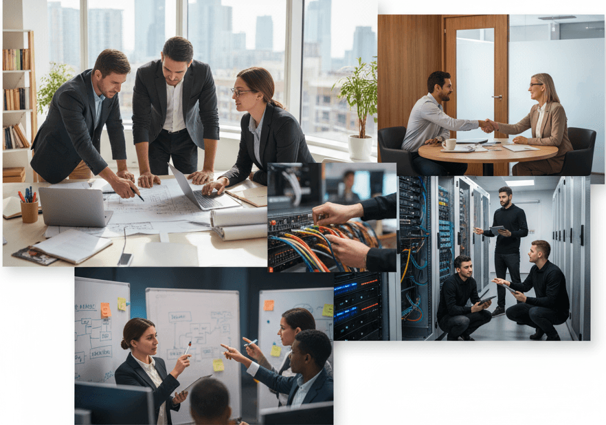 IT consultants collaborating on planning, client meetings, server maintenance, and technical infrastructure support