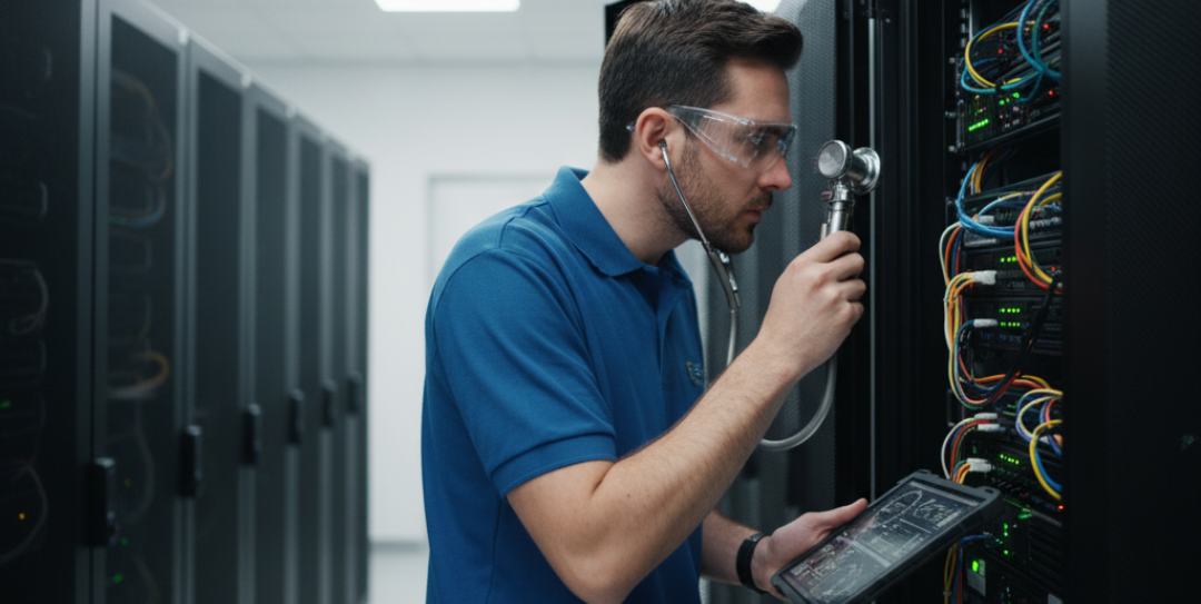 IT Health Check for a UAE finance firm showing a cybersecurity specialist analyzing network dashboards and detecting internal endpoint vulnerabilities.