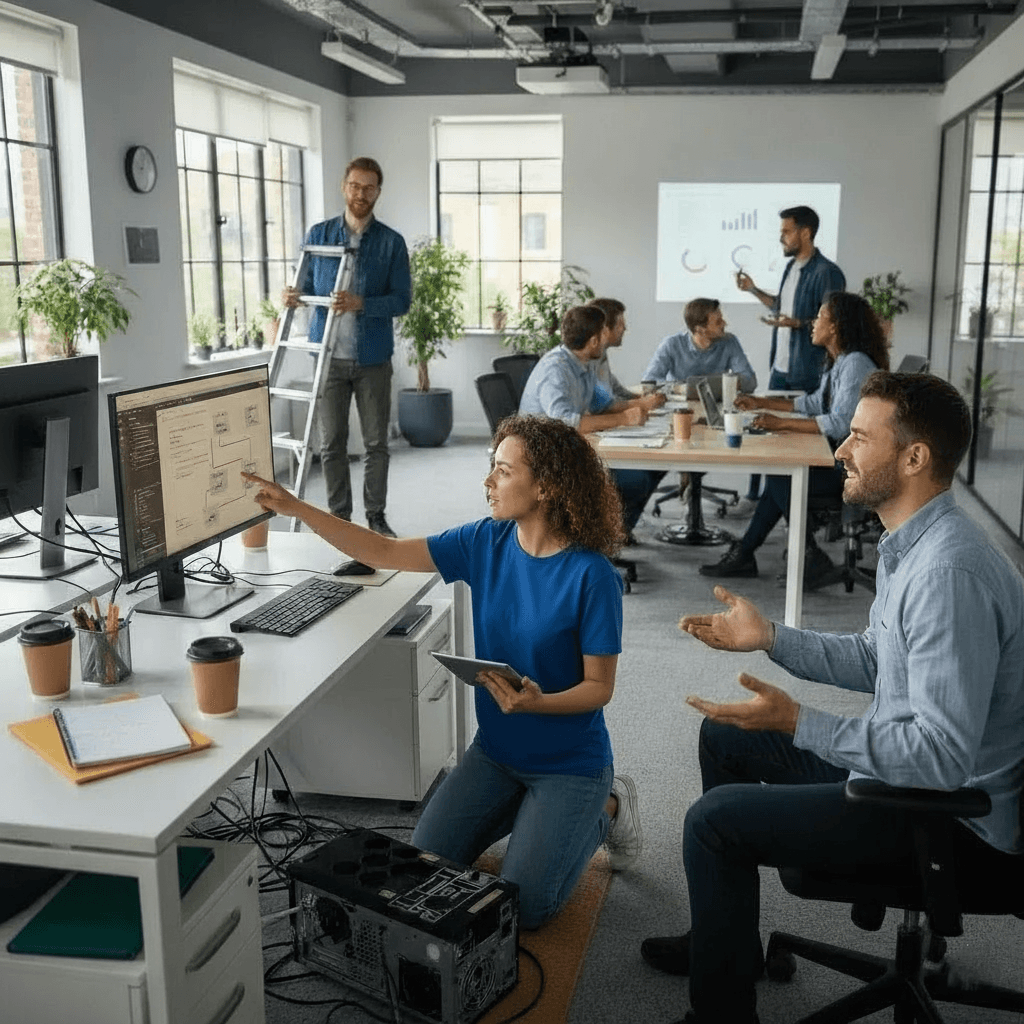 IT support team performing system maintenance and troubleshooting in an office as part of annual maintenance contract services.