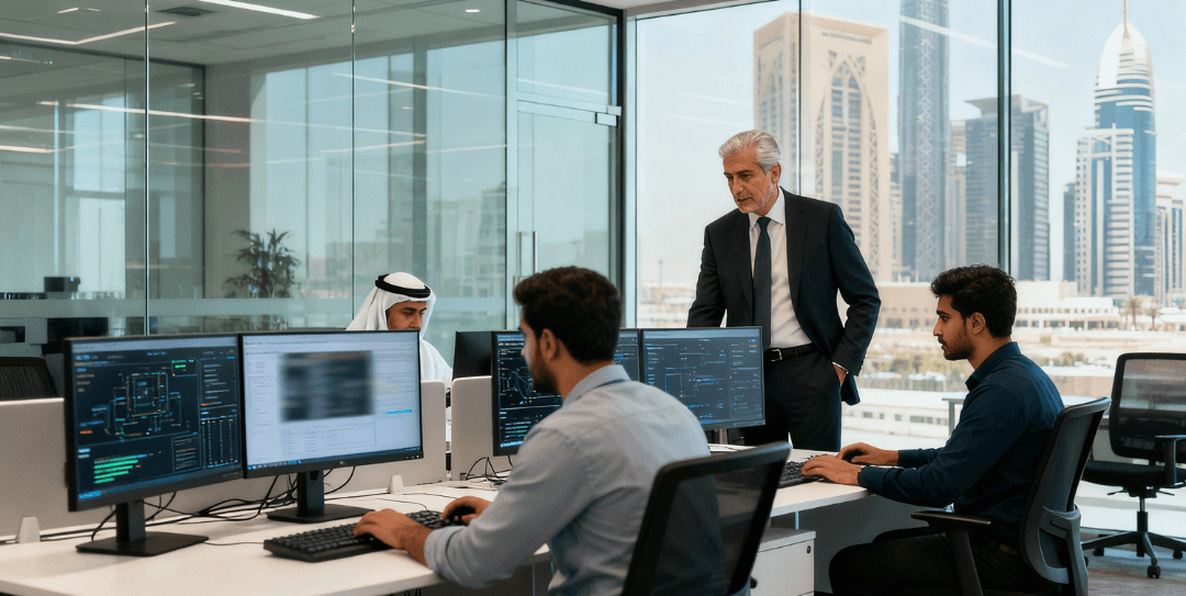 IT engineers working in a modern Dubai office, representing the best IT support company in Dubai.