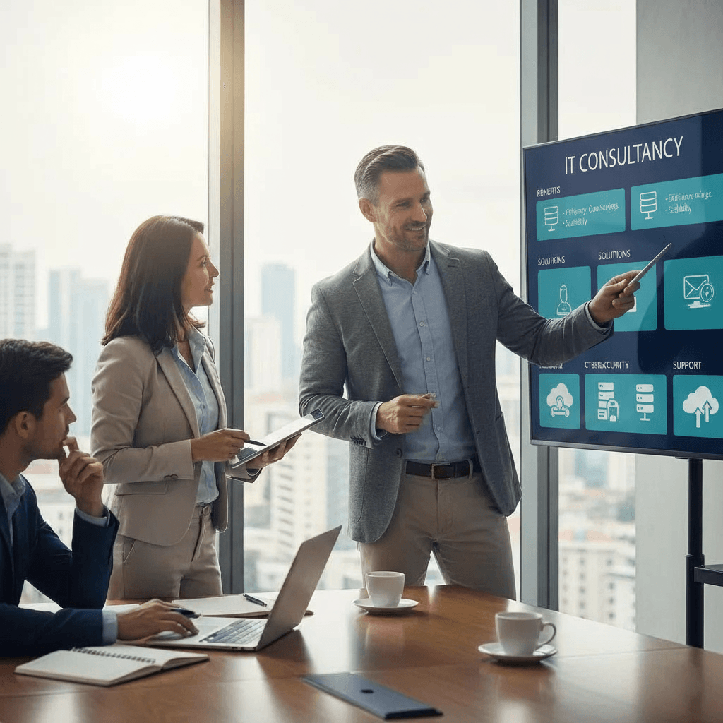 IT consultants discussing solutions during a presentation showing IT consultancy services in a modern office meeting room.