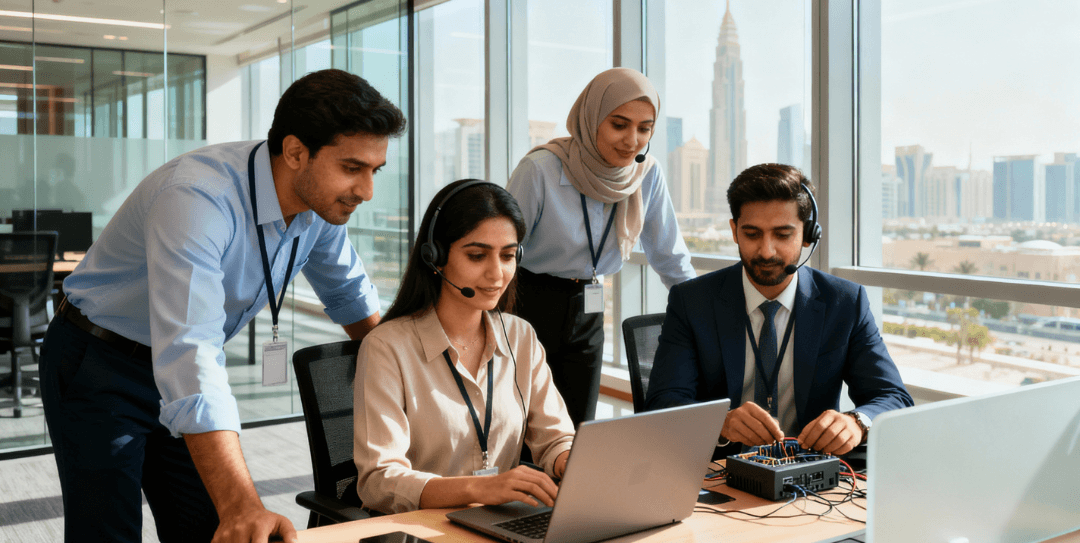 IT team providing technical support inside a modern UAE small business office