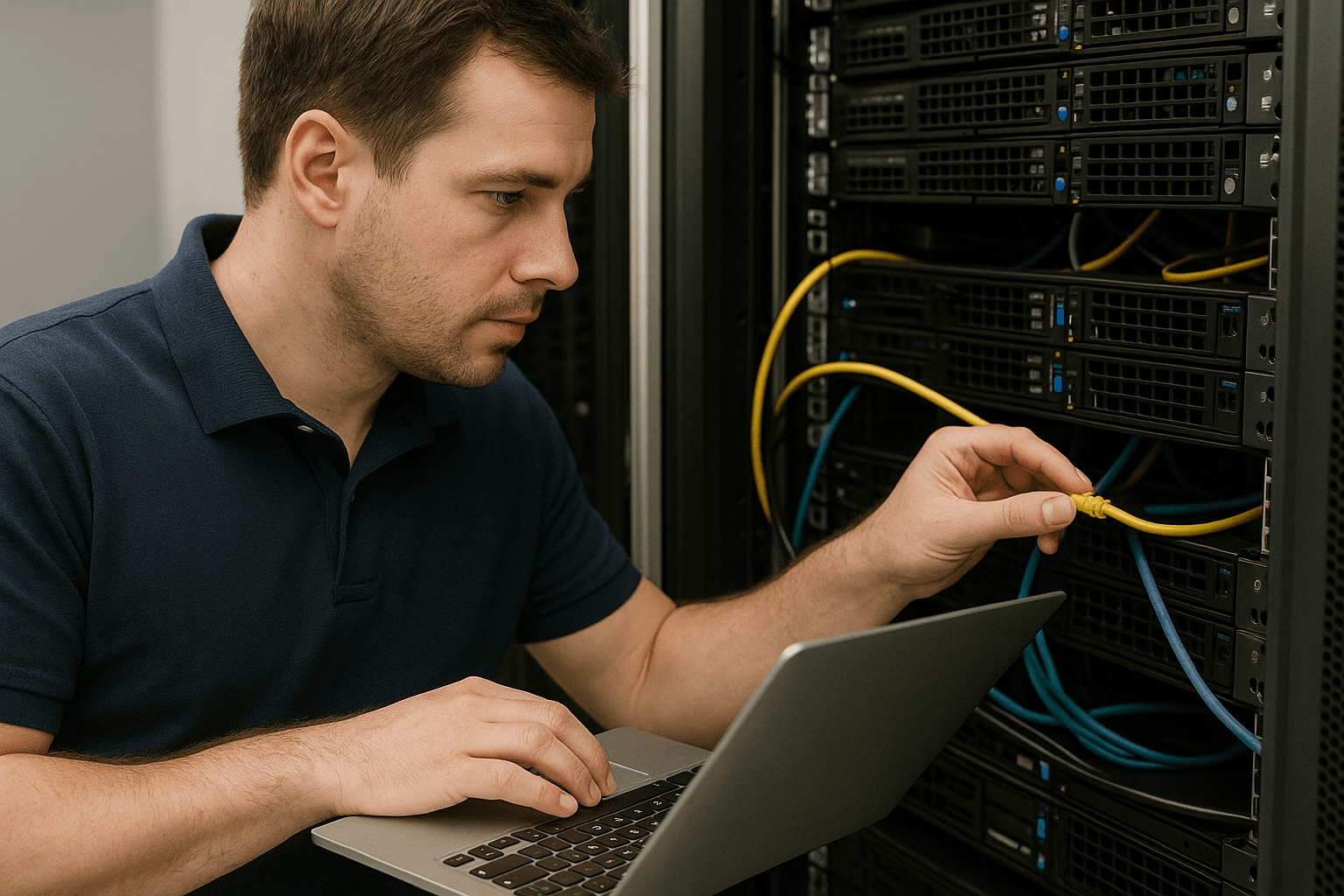 IT technician performing routine server maintenance and checking network cables as part of annual maintenance contract services.