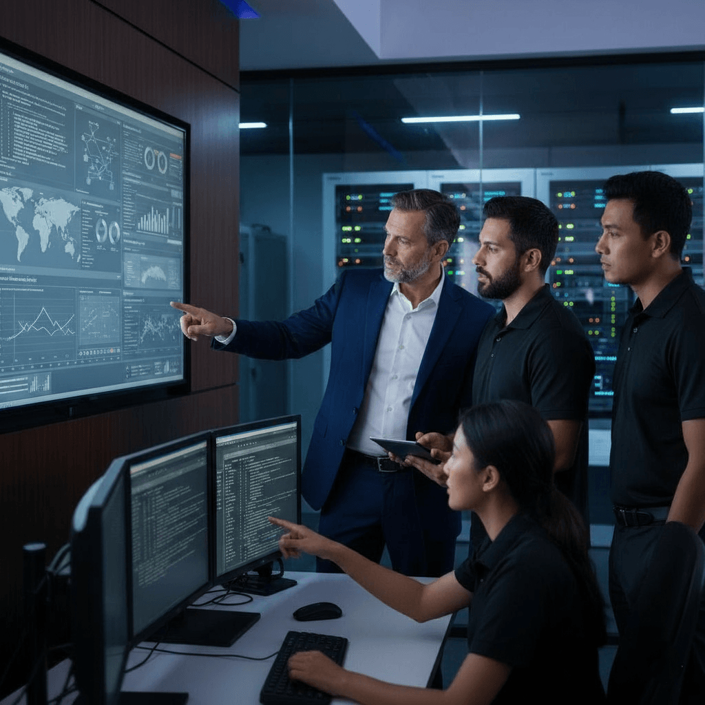 Managed IT services team monitoring networks and systems in a security operations center to ensure continuous IT performance and protection