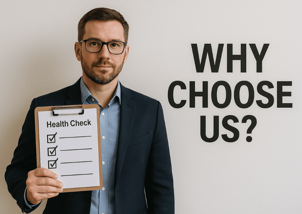 Business professional holding a health check checklist with three completed tasks next to a ‘Why Choose Us?’ sign.