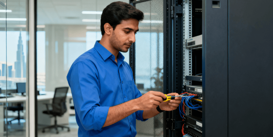 800 IT Care technician providing onsite IT support for a business in the UAE.