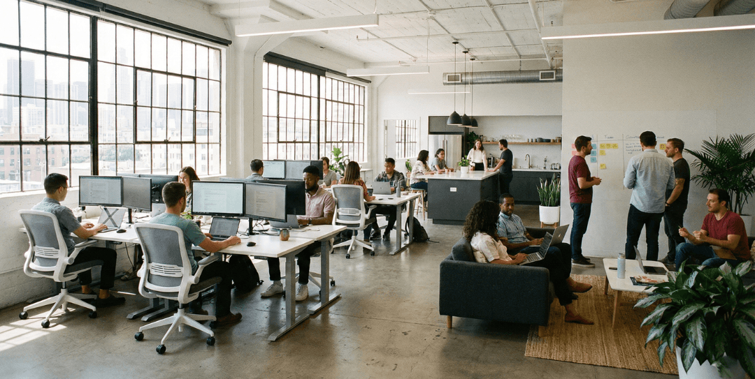 Modern office environment showcasing professional IT services in Dubai with a collaborative technical support team