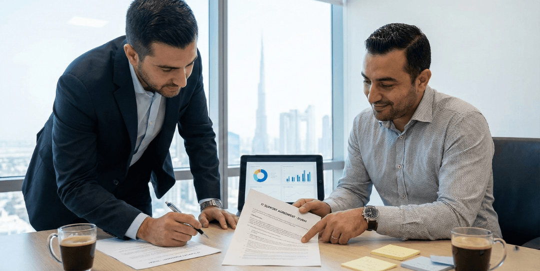 Business professionals reviewing an IT support contract in Dubai during a client consultation