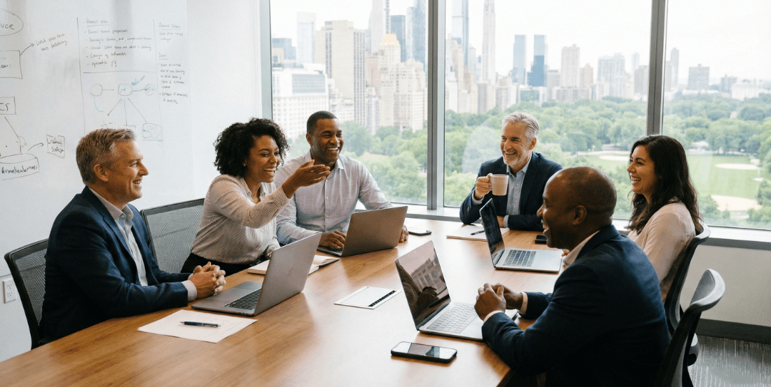 IT services team discussing technology solutions during a business meeting