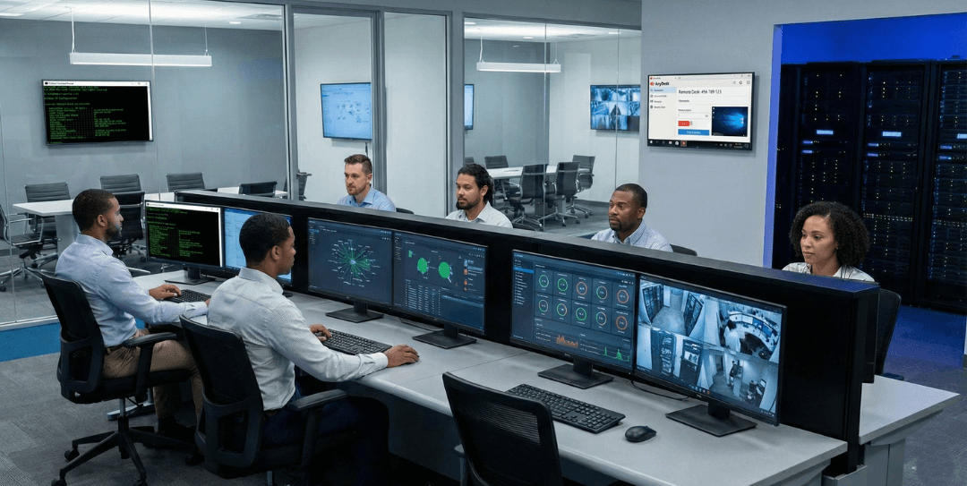 Managed service provider team monitoring IT systems in a modern operations center