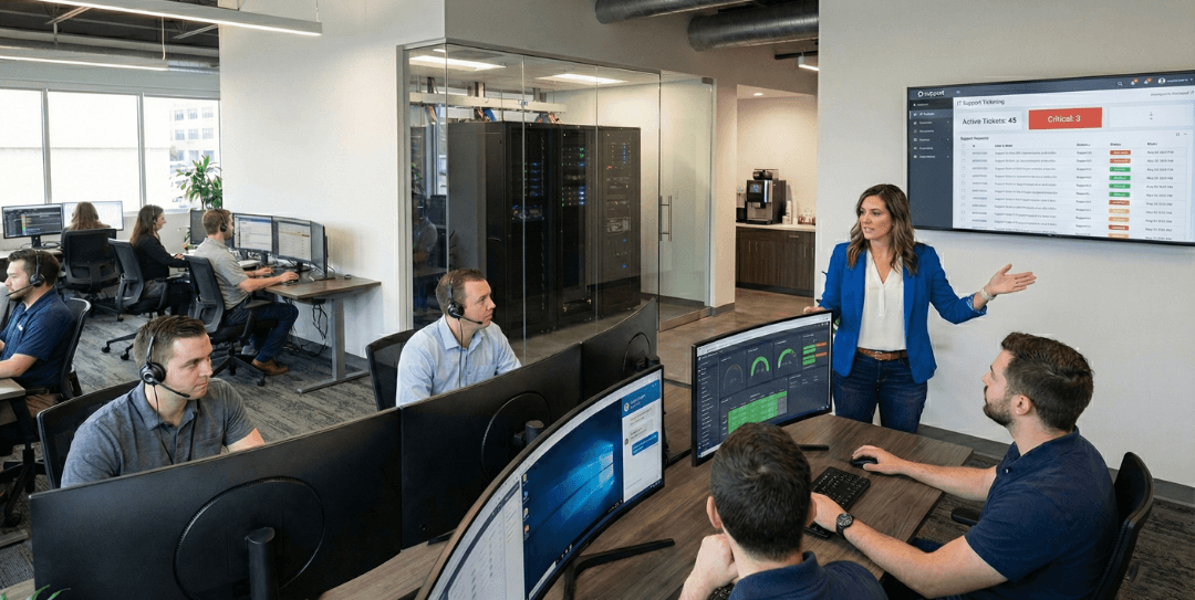 Managed services team delivering proactive IT support in a modern operations center