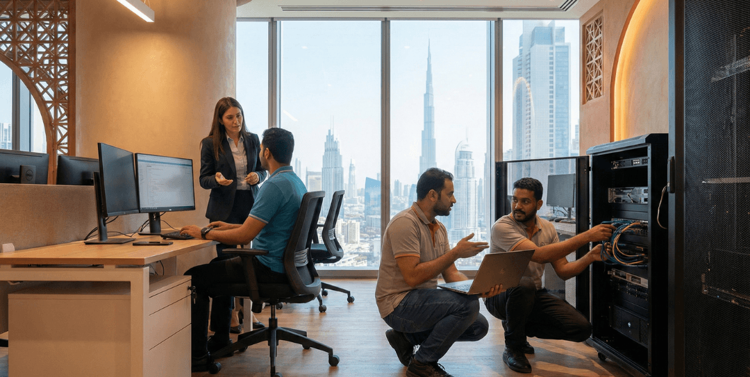 IT support services in Dubai with engineers providing onsite and remote IT assistance in a modern office