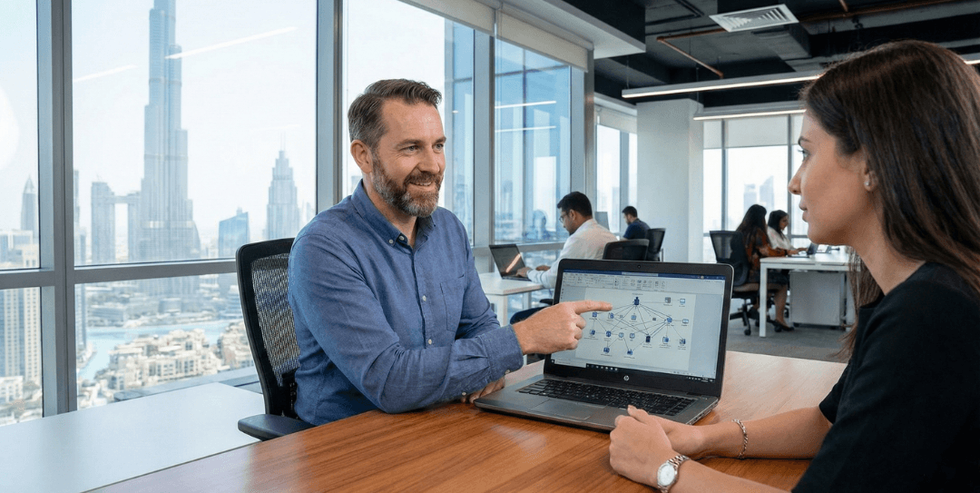 A professional consultant providing IT support and technical guidance to a client in a modern high-rise office with the Dubai skyline and Burj Khalifa in the background