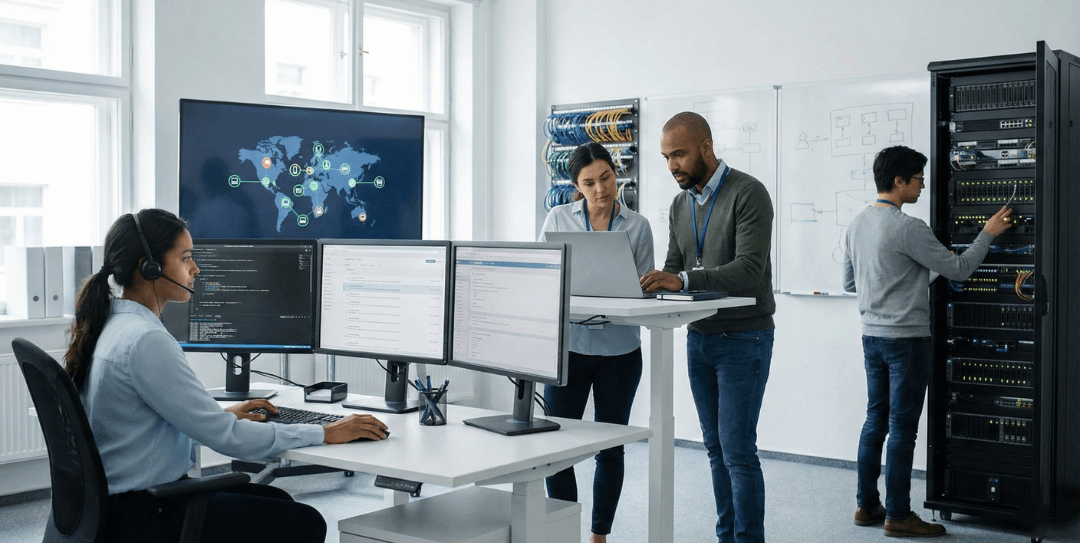 IT support team monitoring and managing business IT infrastructure