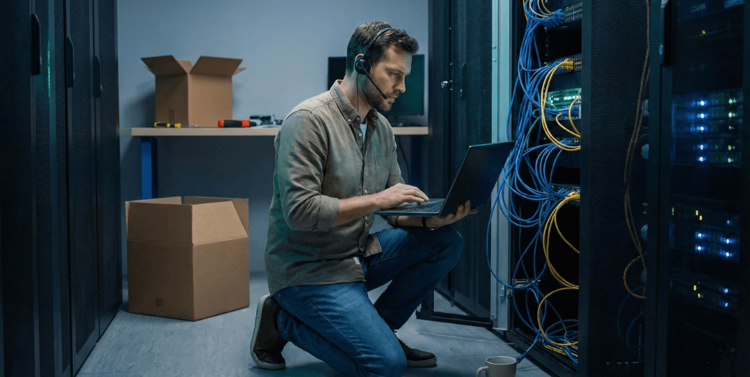 Standby IT support engineer monitoring servers in a data center