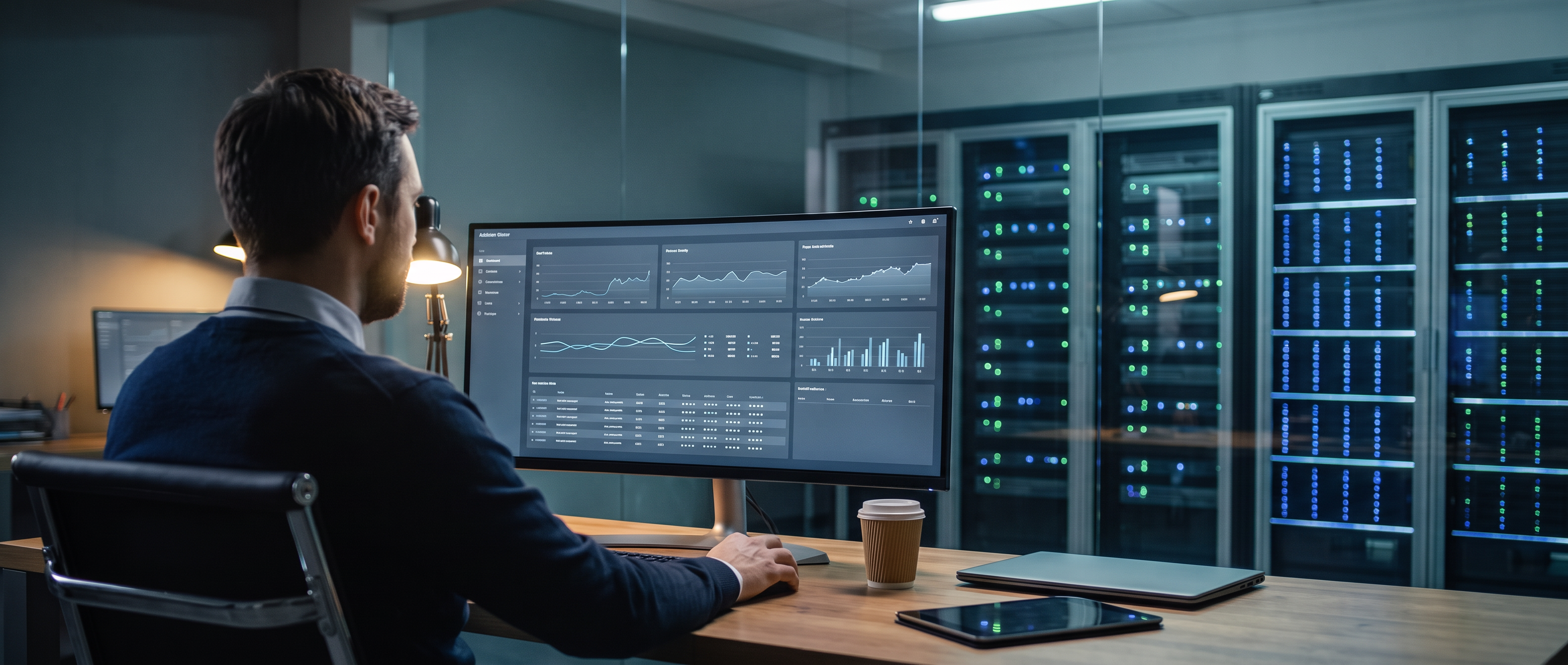 Managed IT security specialist monitoring cybersecurity, backups and cloud for Dubai businesses in an operations room