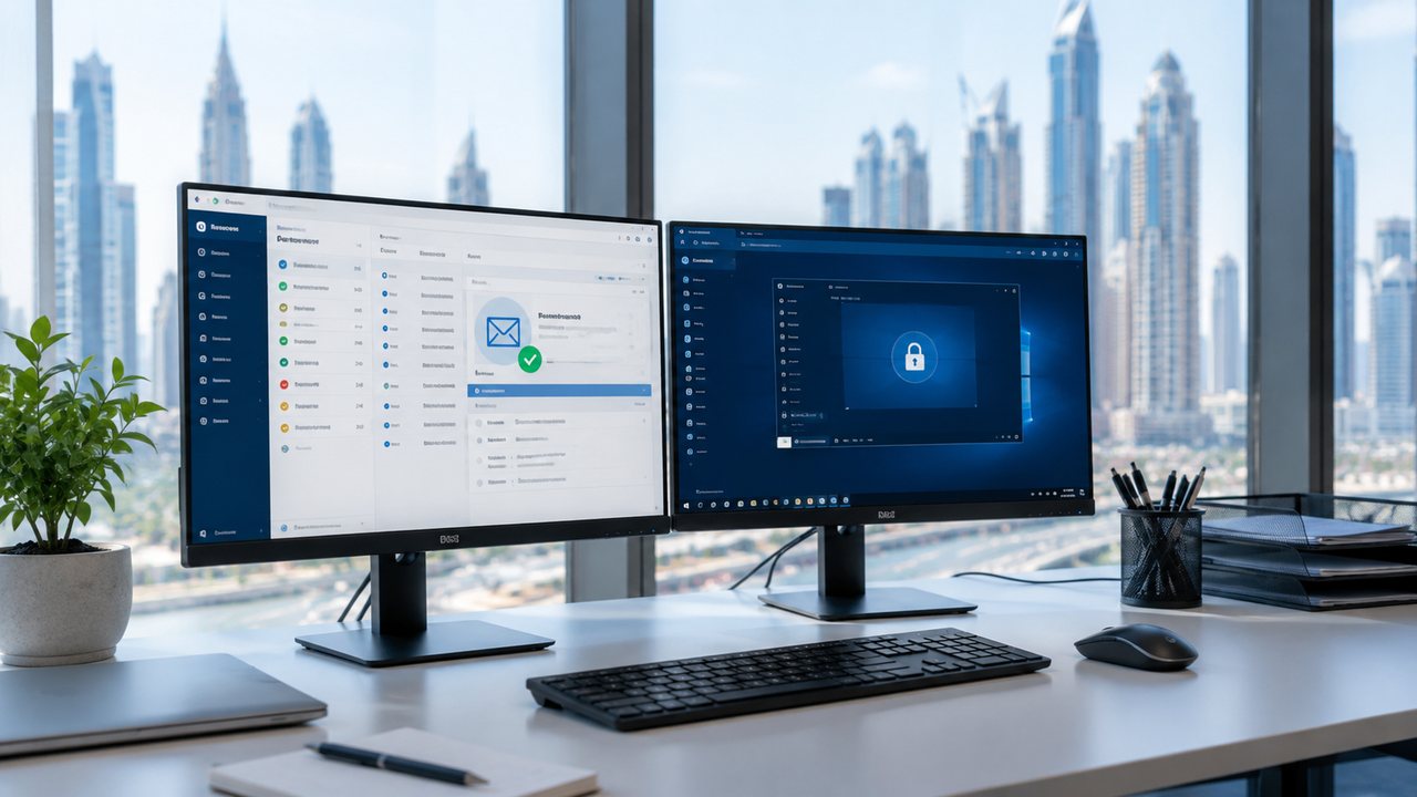 Remote IT support workstation in a Dubai office at night: ticketing dashboard on one screen, secure remote connection on the other
