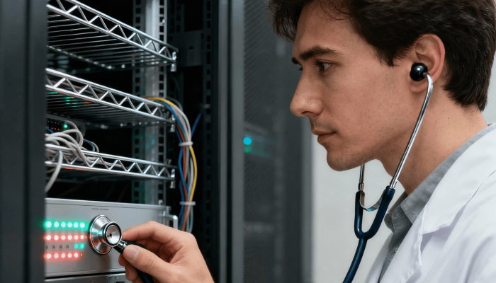 technician performing IT health check on server with a stethoscope